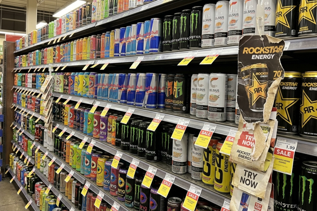 Energy drink aisles on shelf in retail