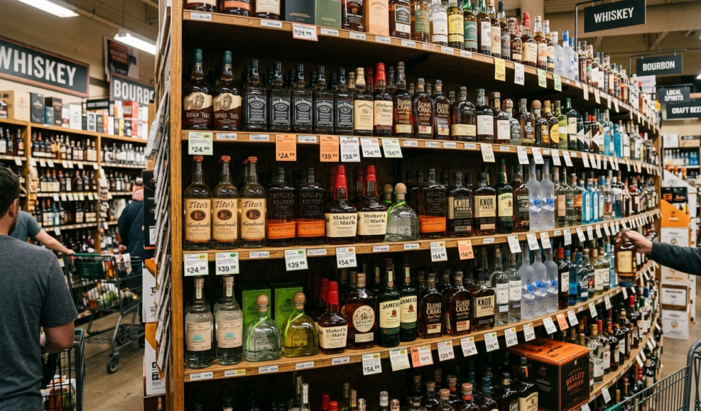 crowded spirits shelf in US shop