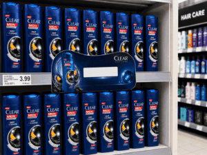 Custom animated E-ink shelf talker installed on a clear cosmetic retail shelf